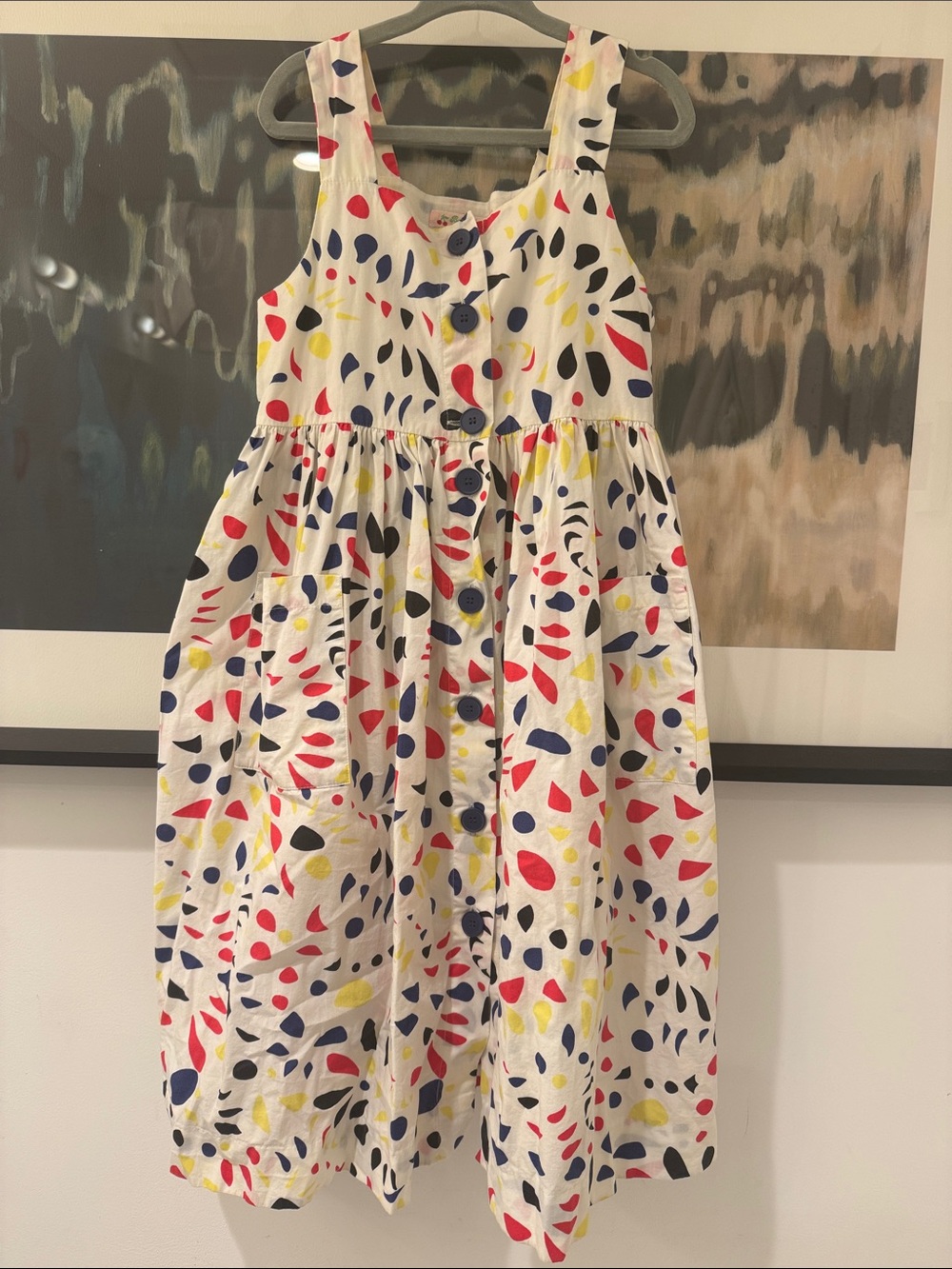 Bonpoint White Sundress with Red, Navy, Yellow, and Black Leaf Print